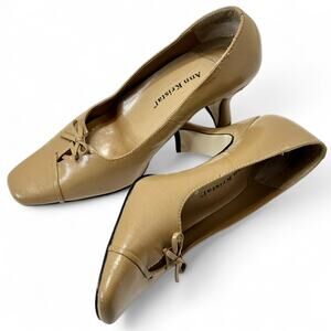 Ann Kristal Leather Pumps 5.5M Camel Tan Bow Square Toe Block Heel Y2K Eulalia